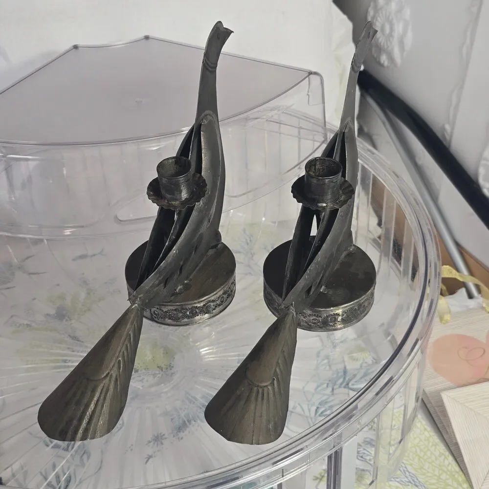 2 pc Antique Embossed Tin Folk Art Doves Birds Candle Holders Punched Rustic 14